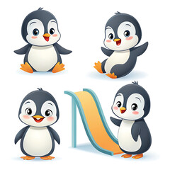 Fototapeta premium Cartoon Penguins with Sitting, Waving and Sliding Poses
