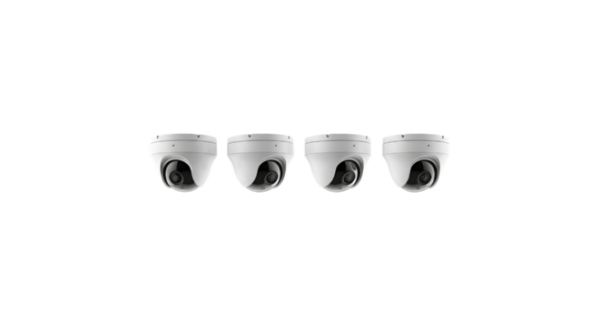 Four security cameras in a row isolated on transparent background