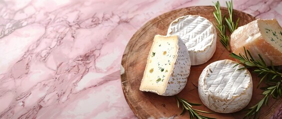 Assorted soft cheeses on a rustic cheese board with rosemary sprigs: brie and camembert platter