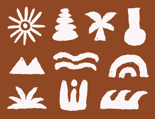 Boho abstract sun arch and geometric organic shapes with stamp texture white on terracotta background for wall art or decoration