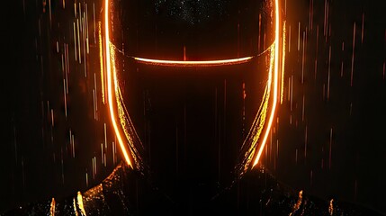 Close-up of a dark, futuristic helmet silhouette with glowing neon orange accents, set against a backdrop of falling rain and subtle starry texture.