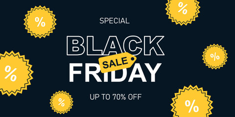 Black Friday horizontal web banner on black background with round yellow stars and label. Isolated vector illustration. Template, layout, poster and banner for sales, discounts, Black Friday, Cyber