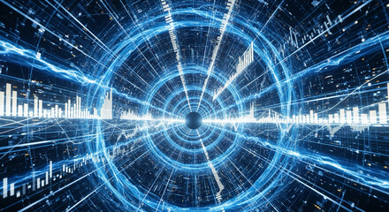 Dynamic data visualization tunnel showcasing technological advancements and financial analysis with vibrant digital design
