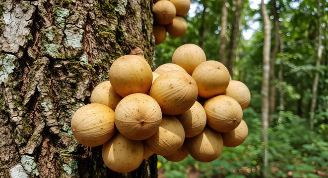 Lansium parasiticum fruit clusters growing on a tree trunk.