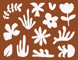 White organic botanical leaves and abstract flower shapes with linocut texture style on burnt orange background