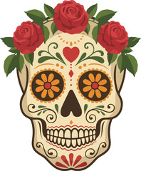 Sugar Skull with Red Roses - Dia de Muertos Calavera Vector Illustration