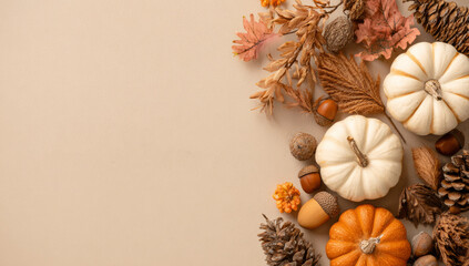 Happy Thanksgiving Day centerpiece with pumpkins, pinecones, and autumn leaves on a peach background