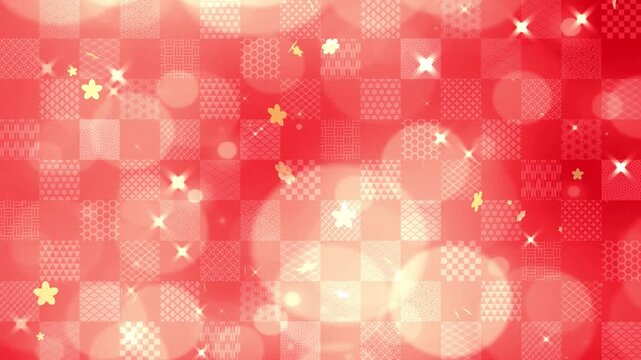 花吹雪のキラキラゴールドパーティクルと市松模様の和柄背景アニメーション　お正月　和風