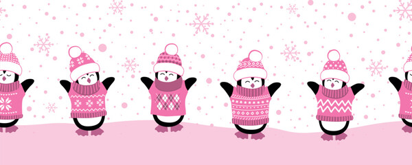 Penguins Enjoy Winter Holidays. Christmas Seamless Border. Happy Baby Penguins in Pink Christmas Sweaters, Hats. Cute Birds. Snow, Snowlakes. Vector illustration in Pink, White on White Background