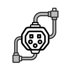 Monochrome vector graphic of an industrial junction box with pipes, representing a power distribution unit or a complex connectivity hub