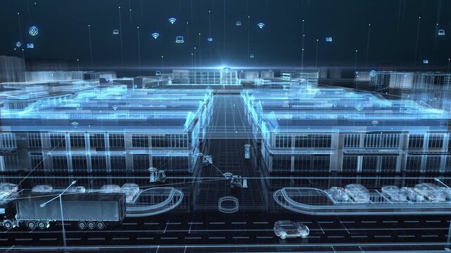 Holographic images, aerial views of modern factories, scenes of artificial intelligence technology,5G signal coverage extends throughout the park and port, enabling trucks to transport goods.3D render