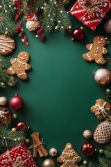 Festive vertical scene with wrapped gifts, candy canes, gingerbread cookies, and pine branches on a green backdrop