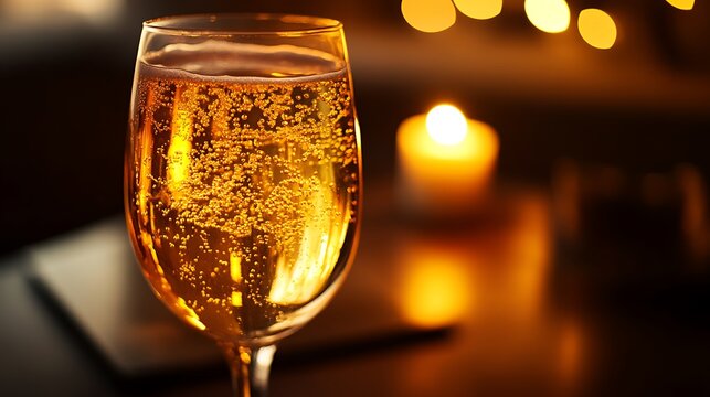A golden effervescent soda in a stemmed glass shimmering under warm candlelight