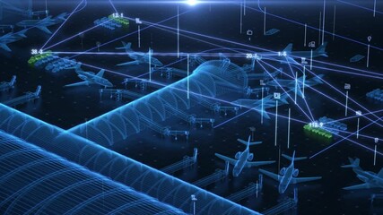 At the airport, planes are parked in their designated areas, and signal stations receive and dispatch signals for takeoffs, landings, holographic imaging, and 3D animation.