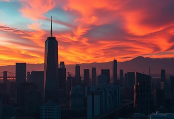 Fototapeta premium Golden hour hues paint cityscape, skyscrapers silhouetted against fiery sky, buildings, blue