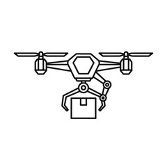 A minimalist line art icon of a quadcopter delivery drone using a robotic claw to carry a package, representing modern shipping and logistics technology