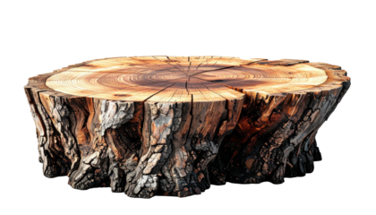 Cross-section stump with visible growth rings, rough bark