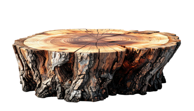 Cross-section stump with visible growth rings, rough bark