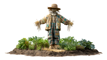 A traditional village scarecrow with straw stuffing and a patchwork hat, standing sentinel in a small vegetable patch, isolated on a Transparent background