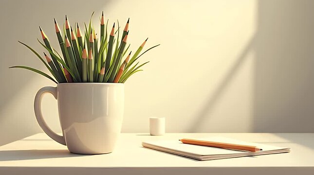 A ceramic coffee mug with sharpened pencils sprouting like plants, dramatic spotlight, clean desk surface, productivity & creativity symbolism.
