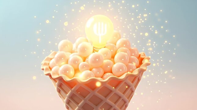 A waffle cone stuffed with small glowing light bulbs instead of ice cream scoops, soft pastel background, surreal visualizing innovation & ideas.