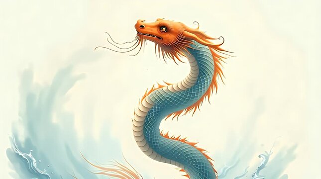 A graceful dragon formed from swirling koi-water patterns, flowing blue-orange waves, elegant motion trails, symbolizing balance and harmony.