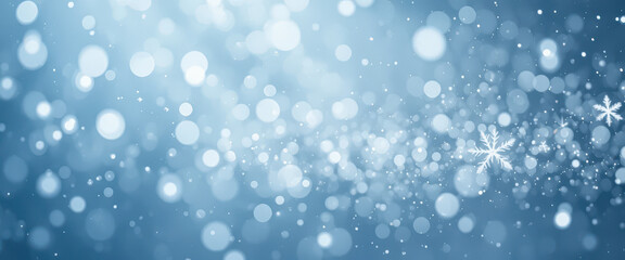 Soft blue winter background with glowing bokeh lights and delicate snowflake shapes creating a peaceful frosty atmosphere ideal for holiday designs, seasonal themes and elegant graphic resources
