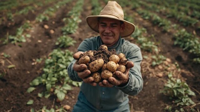 Smiling farmer in a straw hat proudly holding a generous handful of freshly harvested organic potatoes with soil in his hands, standing in a vibran...