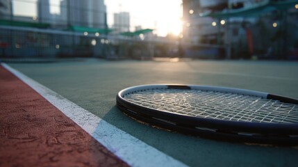 Tennis racket resting on court with city backdrop at golden hour light