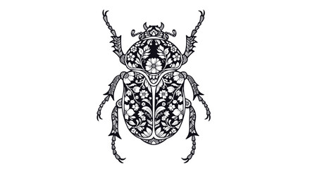 Fototapeta premium A highly detailed and ornate black and white illustration of a beetle, its body elaborately decorated with intricate floral patterns, against a pristine white background.
