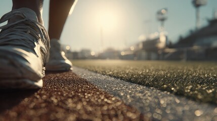Runner's Footwear Ready on the Start Line for a Race at Stadium