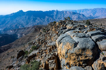 Tranquil scene from the Al Hajar Mountains, Oman. Landscape near the Balcony Walk, Jabal Shams and the Grand Canyon of Oman.