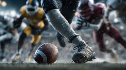 Intense gridiron moment: close-up on an american football and players