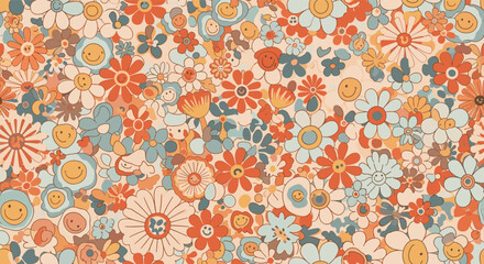 A cheerful and groovy seamless floral pattern featuring whimsical smiling daisy flowers and retro colors, perfect for a happy, vintage-inspired design background.