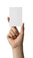 Fototapeta premium Hand holding a blank vertical white business card or flyer isolated on transparent white background 