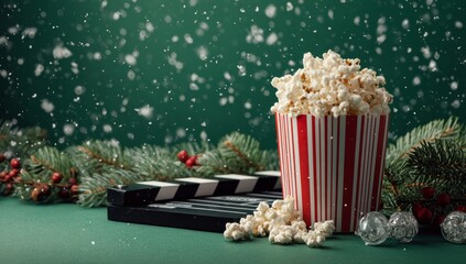 Popcorn in striped red cup with Christmas decorations and snowy background