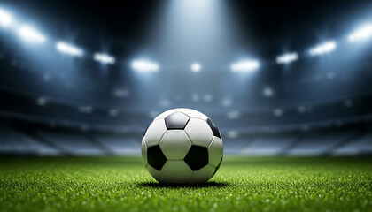 Football ready for action on the illuminated stadium pitch at night