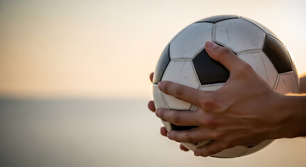 Close-up of hands holding a football during a scenic sunset moment