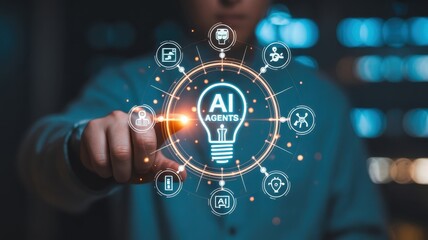 Individual interacts with glowing digital interface displaying artificial intelligence agent concept surrounded by functional icons