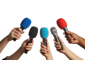Many hands holding colorful microphones for a press conference or interview isolated on transparent white background