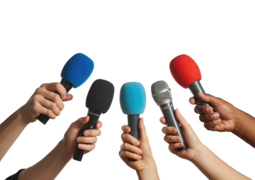 Many hands holding colorful microphones for a press conference or interview isolated on transparent white background - Powered by Adobe