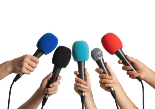 Many hands holding colorful microphones for a press conference or interview isolated on transparent white background