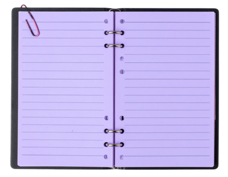 Purple notebook, open, lined pages, black binder