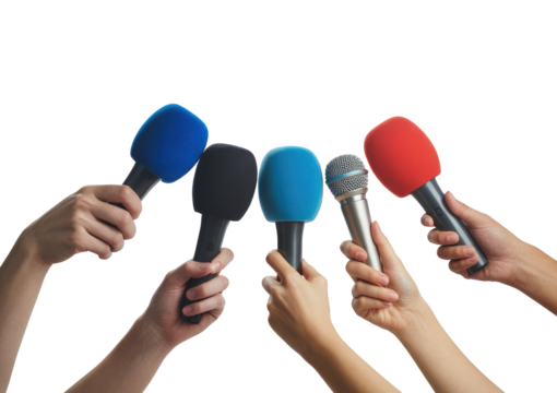 Many hands holding colorful microphones for a press conference or interview isolated on transparent white background