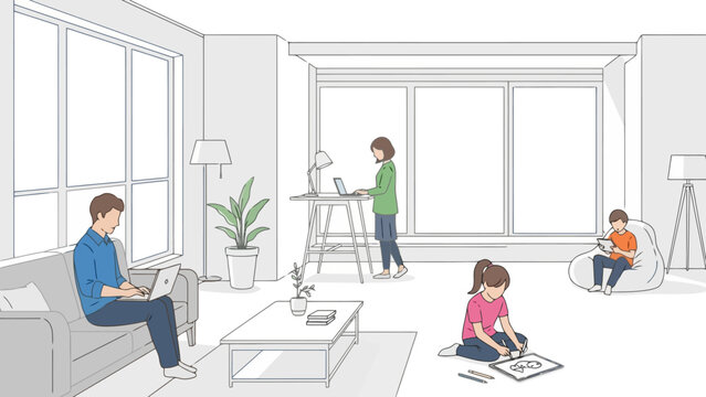 Family working and learning from home in a bright modern living room with devices and creative activities - Powered by Adobe