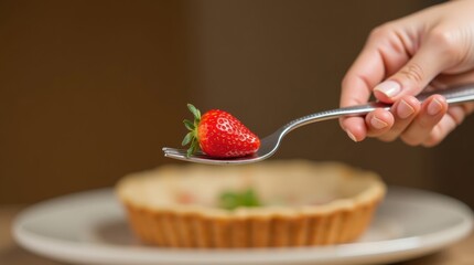 Hand holding a fork with a fresh strawberry over a small fruit tart