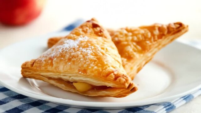 Golden puff pastry turnovers dusted with powdered sugar on white plate with checkered cloth