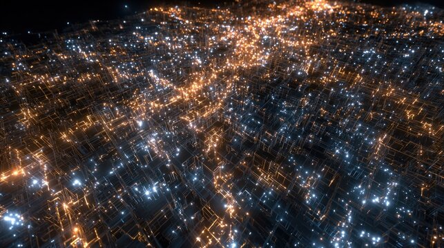 Abstract aerial view of illuminated city lights at night time