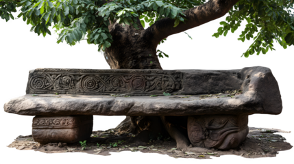 A traditional village stone bench carved with local motifs, situated under a spreading tree, isolated on a Transparent background