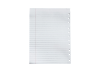 Single sheet of ripped or torn lined notebook paper with a hole punched edge isolated on transparent white background